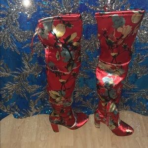 Floral Red Velvet Thigh High High Heel Boots